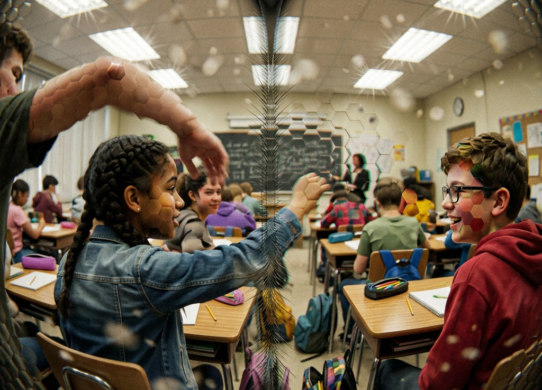 Students collaborating during an activity in a busy classroom