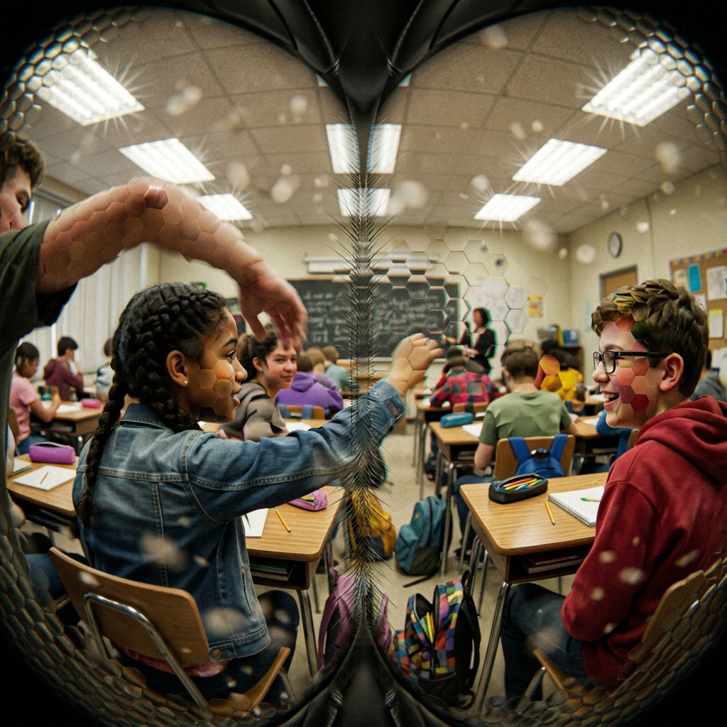 Students collaborating during an activity in a busy classroom